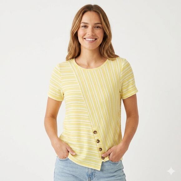 Como Vintage Tops - Como Vintage Womens Knit Top M Yellow Striped Short Sleeve Asymmetric Button Hem